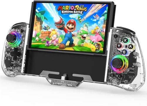 RREAKA Switch Controller for Nintendo Switch/OLED, Wireless Gaming Pro Controller, Handheld Switch Grip RGB Color Lights See through Gamepad Controller Adjustable TURBO, Dual Vibration, Back Button