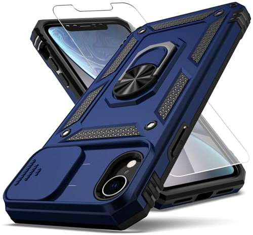 YZOK Schutzhülle für iPhone XR, mit Kameralinsenabdeckung, HD-Displayschutzfolie, [Militärqualität], Ring-Autohalterung, Ständer, Hybrid-Hart-PC, weiches TPU, stoßfeste Schutzhülle für iPhone XR, Blau