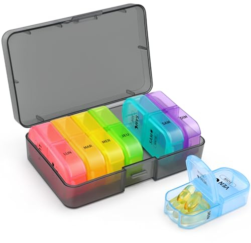 Opret Pilulier Semainier Francais Matin et Soir, Semainier Medicament 7 Jours 14 Compartiments, Grande Capacité pour Poche ou Pantalon, pour Vitamines Suppléments Médicaments Voyage (Multicolore)
