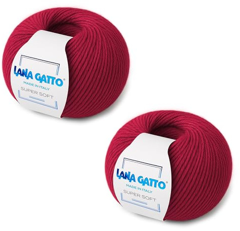 Ovillos, 100% Pura Lana Virgen Merino Extrafina de Lana Gatto, Made in Italy. Línea Super Soft, 100 g. 250 mt, (Rojo, 2)