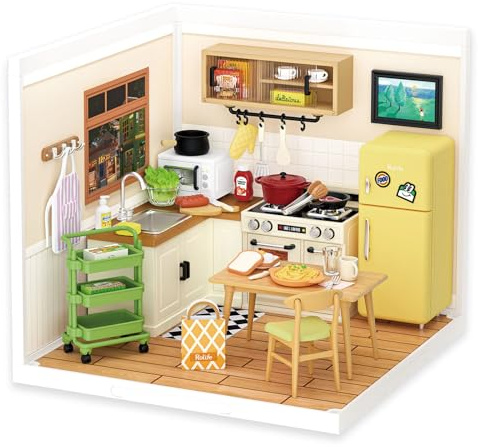 Rolife DIY Miniature Plastic House Building Set Toys Playset with LED Suitable for Mini Figures Construction Toys Diorama Kit Gifts for Teens Adults (Happy Meals Kitchen)