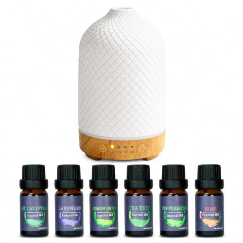 Ceramic Essential Oil Diffuser Electric Aroma Diffuser with 6 Pcs*10ml Essential Oil Gift Set, 7 Colors LED Light/4 Timers Modes/Auto-Shut Off 200ml for Home/Office/Spa