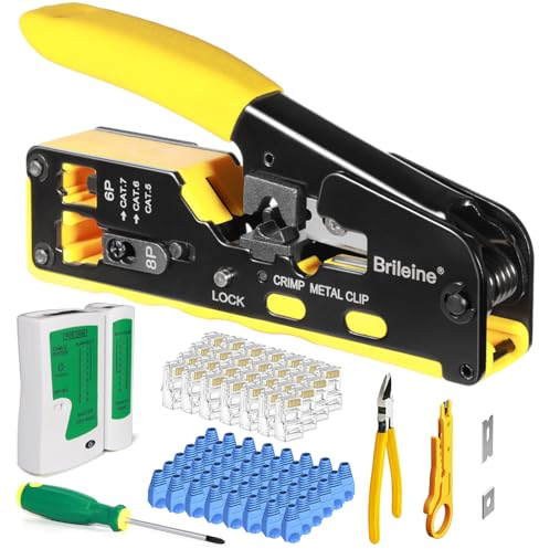 Brileine Lan Network Cable Tester RJ45 Crimp Tool Pass Through Ethernet Crimper Cat5 Cat5e CAT6 Crimping Tool Kit (Crimper Kit28 STP)