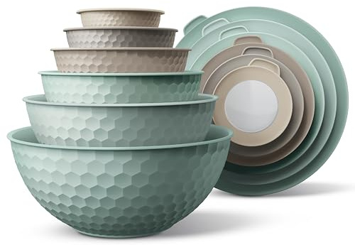 COOK WITH COLOR Mixing Bowls with Lids - 12 Piece Plastic Nesting Bowls Set includes 6 Prep Bowls and 6 Lids, Microwave Safe Mixing Bowl Set, Mint Embossed
