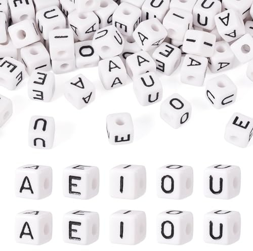 FASHEWELRY Quadratische Acryl-Buchstabenperlen, 10 mm, weiß, Würfel, Vokalperlen, Buchstabe A, E, I, O, U, Perlen für Freundschaftsarmbänder, Halsketten, Schmuckherstellung, 100 Stück