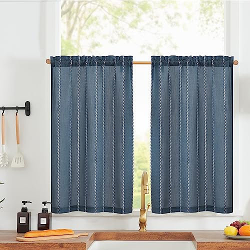 Vangao Tende a strisce, effetto lino, moderne, da cucina, blu, set da 2 pezzi, 65 x 90 cm, con passante per bastone, semitrasparenti, per roulotte, soggiorno