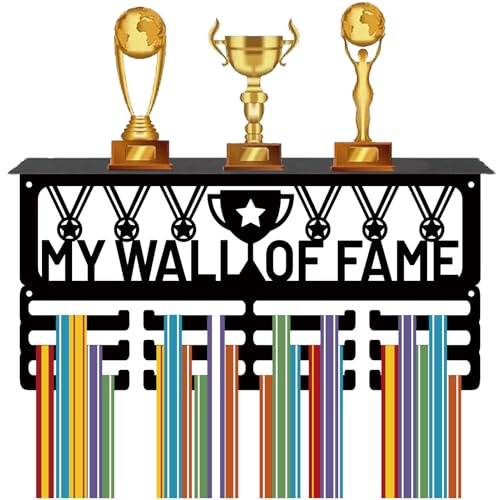 CREATCABIN Medaillenhalter Mit Ablage Medaillenaufhänger Trophäenregal Ständer Sport 4 Reihe Metallrahmen Zum Aufhängen An Der Wand Für 70+ Medaillen Laufen Medaillenständer 40x20x10cm My Wall Of Fame