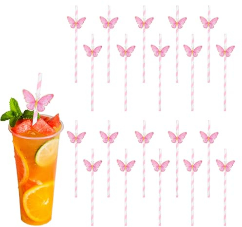 JIYIN 20 Strohhalm Papier, 19.7cm Gestreiftes Strohhalme Papier Rosa Einweg-Trinkhalme Papierstrohhalme Party Strohhalme Papier Stroh für Hochzeit Baby Dusche Party Supplies