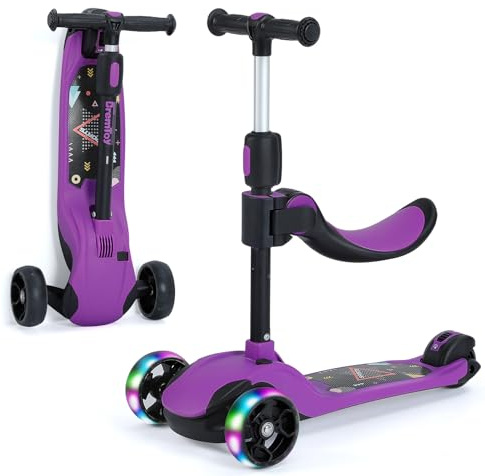 BremToy Roller Kinder mit Abnehmbarer Sitz, Kinder Roller mit Stufenlos Einstellbar, Kinder Scooter mit PU LED-Rädern, Faltbarer Kinderroller für Kinder von 3-12 Jahren (Violett)