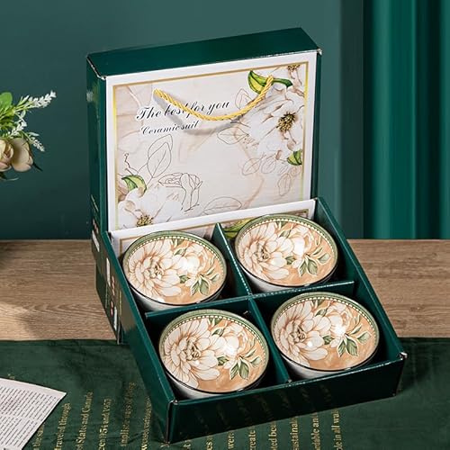 MAISON DE BUCKS Porcelain Set of 4 Bowls in Camellia Flower Print for Cereal, Soup - Perfect for Gifting, Dishwasher and Microwave Safe