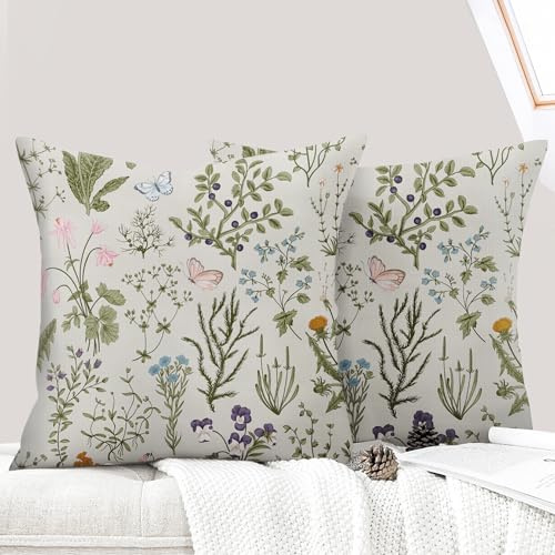 ECZOIL Set med 2 kuddfodral 50 x 50 cm, blommor, dekorativa kuddfodral, vildblommönster, grönt kuddfodral för hem, vardagsrum, sovrum och bondgård - salvia