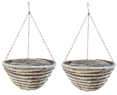 Quickdraw 2 x Rope Hanging Baskets 14” – Round Outdoor Planters with Liner & Chains – Weather Resistant Flower Pots for Garden Plants & Flowers