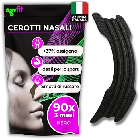 OXYFIT | 90 Cerotti Nasali Antirussamento (Nasal Strips) | per Smettere di Russare e Respirare Meglio | Dilatatore Nasale per Sport e Congestione (Nero - 90)