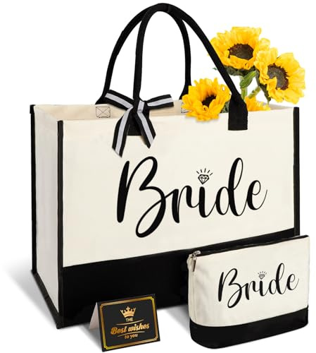 Amosking Regalos de novia 2025 bolsa de lona para mujer con bolsa de maquillaje, regalos de boda para despedida de soltera, despedida de soltera, compromiso, luna de miel, Blanco, 42.5 cm x 20 cm x 31