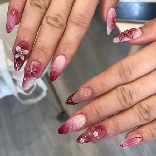 MouyouGlow Press on Nails Kurz,Almond Rosa French Airbrushing 3D Blumen Floral Water Rib Crystal Perle Sommer Fake Nails,Pink Flowers Acryl Strass Künstliche Fingernägel