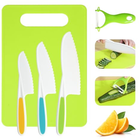 Koonie Lot de 5 Couteaux de Cuisine pour Enfants pour Une véritable Cuisine avec emporte-pièces à légumes, Couteau en Bois, Planche à découper, etc. Couteau pour Enfants à partir de 2 Ans, Couteaux