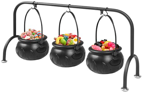 Kendane Easter Decorations Indoor,Set of 3 Witches Cauldron Candy Serving Bowls on Rack, Party Decorations,Black Plastic Candy Cauldron for Table Decor,Easter Candy for Kids