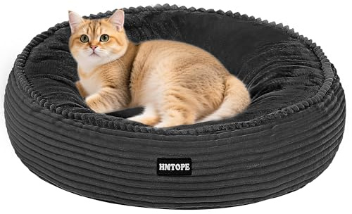 HMTOPE Hundebett Kleine Hunde, Rund Katzenbett Waschbar, Ø50cm, Dunkelgrau | Kuscheliges Hundekissen, Cord Hundekorb, Donut Hundesofa zur Bekämpfung von Angstzuständen, Abnehmbar Bezug & Rutschfest