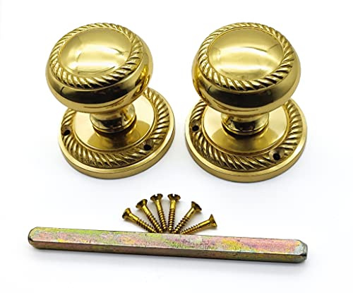Infinity Decor Türknauf-Set aus massivem Messing, georgisches Seil-Design, 50 mm, poliertes Messing, gefederte Zuggriffe, ideal für Innen- und Außentüren