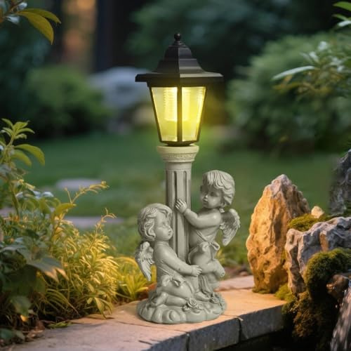 Solar Garden Outdoor Boy and Girl Angels Hugging Roman Columns with Lights, Outdoor Terrace Decorations for Patio Yard Lawn Walkway Ornaments Gifts for Mom Grandma Birthday