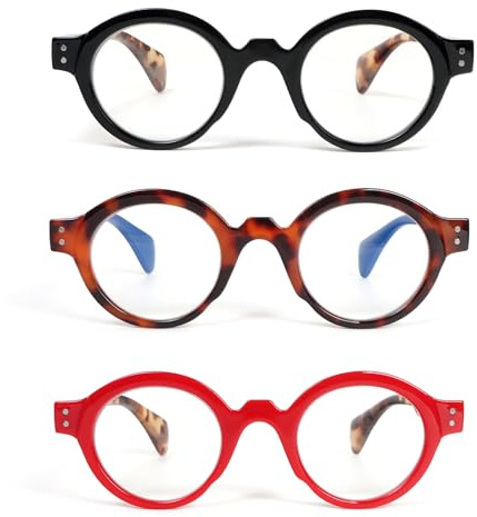 KoKoBin 3 confezioni di occhiali da lettura rotondi oversize per donne e uomini che bloccano la luce blu con cerniera a molla (3 Pack, 3, x)