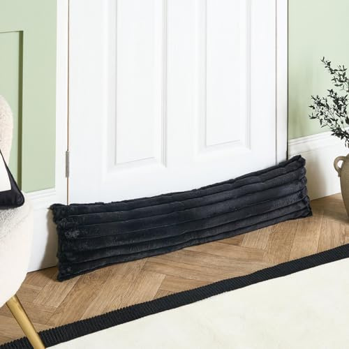 OHS Draught Excluder for Doors Ribbed Fur Decorative Wind Stopper for Doors Cold Air Under Door Stop Cushion Noise Blocker for Bottom of Door, Black - 20 x 90cm