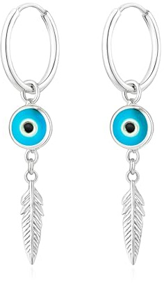 925 sterling silver örhängen, drömfångare med turkiskt öga och blå fjäder, Mediano, Sterlingsilver, Turkos