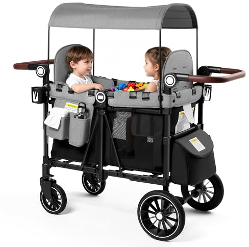 Kinder King Wagon Stroller for 2 Kids, All-Terrain Foldable Outdoor Stroller Wagon 2 Seater, Removable Canopy, Adjustable Handle, Shock-Absorbing Wheel, Detachable Tray, Large Storage, Black&Grey