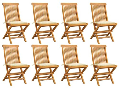 Mokuyary Trädgårdsstolar med krämfärgade kuddar, set om 8, massivt trä, teak, balkongstol, terrassstolar, matstolar för terrass, trädgård, balkong – B