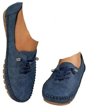 Mocasines cómodos de cuero genuino con costura a mano para mujer, mocasines ortopédicos de cuero para mujer 2026, planos ligeros con lazo, mocasines ortopédicos de vestir de fácil colocación, Blue