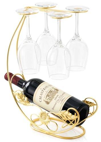 YORKING Modern Wrought Iron Wine Rack Vertical hanging display holds 1 bottle of red wine + 4 wine glasses Desktop stemware storage No-assembly vintage metal wine rack Home, dining room, or bar decor