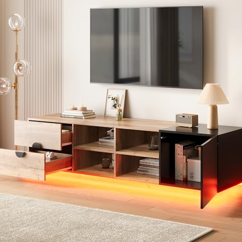ECLIVON TV-Schrank Fernsehschrank mit LED Streifen, Fernsehtisch 180 cm lang für Fernseher von 55 bis 70 Zoll, Lowboard TV Board mit Türen und Stauraum Schubladen, Sideboard für Wohnzimmer (Schwarz)