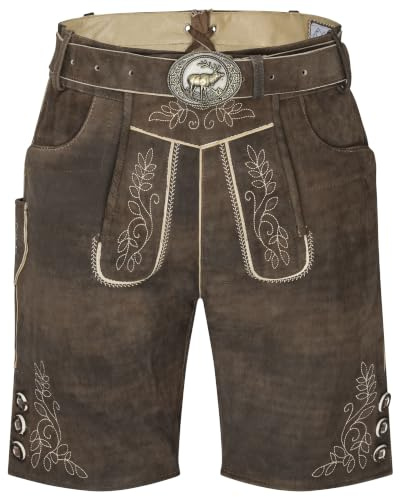 Schöneberger Trachten Couture Herren Lederhose kurz mit Trachtengürtel, Trachtenlederhose Antik für Oktoberfest, Nubuk-Leder, Hintersteiner