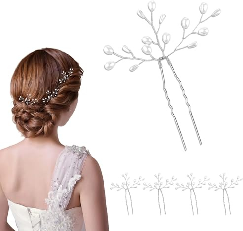 Zueyen Juego de 5 Horquillas para Pelo de Boda, Pasadores de Novia con Perlas y Cristales Hechos a Mano, Pinzas para el Cabello en Forma de U con Brillantes, Accesorios para Peinados