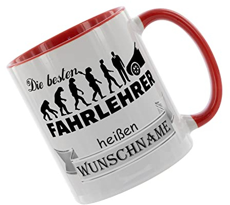 Crealuxe Kaffeetasse 'Die besten Fahrlehrer heißen (Wunschname)' personalisiert, Spruchtasse, hochwertige Keramiktasse (Rot)