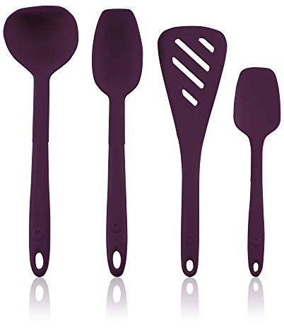 Kochblume Küchenhelfer-Set - Designwender S & Soßenlöffel S & Schöpfkelle S & Flexlöffel S 4er Set | Premium-Silikon | Hitzbeständig | Spülmaschinenfest | Farbe: lila