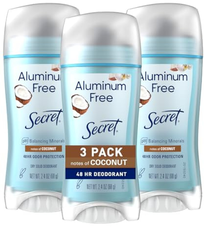 Secret Aluminum Free Deodorant for Women, 48hr Odor Protection, Naturally Derived Ingredients, Free of Parabens Dyes Talc & Baking Soda, PH Balanced, Dry Solid, Coconut Scent, 2.4 oz (Pack Of 3)