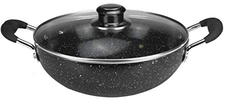 Master Cook Non Stick Wok with Glass Lid Heavy Duty Non Stick Karahi Kadhai Kadai Aluminium Wok Deep Frying Cooking Saute Stir Fry Pan Wok with Lid Silicone Cover Handles (32cm)