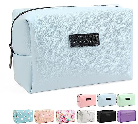 Small Makeup Bag MAANGE Travel Cosmetic Bag Makeup Pouch PU Leather Portable Versatile Zipper Make up Bag for Women (Blue)