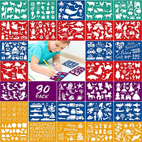 Qpout 30pcs Stencil da Disegno Colorato per Bambini, animali sirena dinosauro squalo lettere pittura per ragazzi ragazze compleanno regali di Natale bambini in età prescolare strumento di pittura