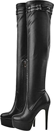 Only maker Women's Over the Knee High Boots with Side Zipper Thigh High Booties with Knee Strap Buckle PU Stiletto Platform Overknee Crotch Gladiator Punk Motorcycle Party Dress Black Size 13