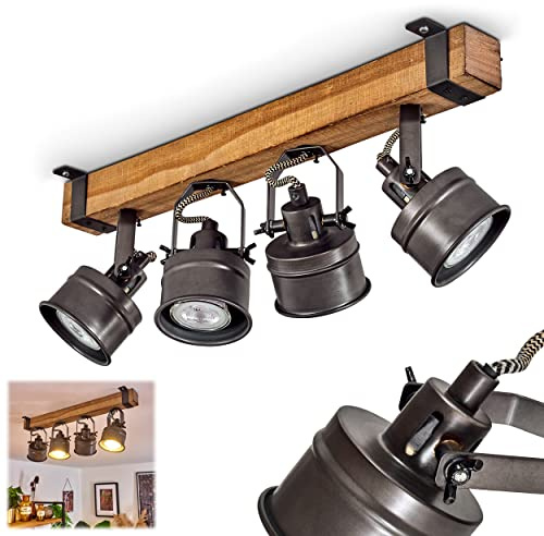 HOFSTEIN Deckenleuchte Pehefito, verstellbare Deckenlampe aus Metall/Holz in Schwarz/Braun, Leuchte im Industrial/Retro/Vintage-Design mit Holzbalken, 4 x GU10, Wohnzimmer, Esszimmer, Schlafzimmer