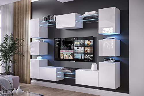 Furnitech Wohnwand Wohnzimmer | Wohnzimmer Möbel mit LED RGB - 16 Farben | Hängend Wohnwand Modern | Wohnzimmer Schrankwand mit Regale und TV Schrank (AN36N-21W-HG2)