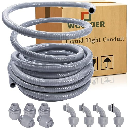50 Foot Liquid-Tight Conduit Kit - 1/2inch Flexible Non Metallic Liquid Tight Electrical Conduit and 5 Straight and 4 Angle Fittings Included. 1/2 Dia