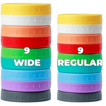Bedgeta 18 Pack 9 Wide Mouth & 9 Regular Mouth Mason Jar Lids with Silicone Rings,Thickened Leak-proof Lids Fit Ball,Kerr and More, 18 Color Plastic Lids, 86mm &70mm Plastic Mason Jar Lids