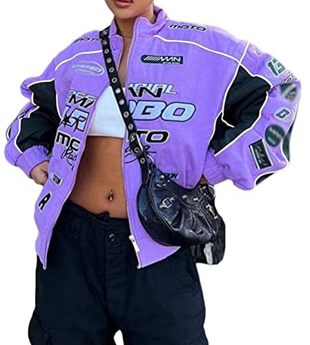 Onsoyours Blouson Bomber Femme Manches Longues Vintage Veste Bomber Casual Zipper Jacket College Poches Coupe-Vent Baseball Blouson Sweat Veste S1 Violet M