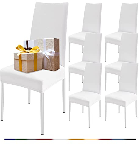 FIGOOO Coprisedie Elasticizzati con Schienale 6 Pezzi Coprisedia per Sala da Pranzo Spandex Fodera per Sedia da Cucina Universale Lavabile Decorazioni per la Casa Cucina(Bianco,6pcs)