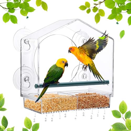 Petyoung Fenster-Vogelfutterstation mit extra starken Saugnäpfen und Drainagelöchern, Acryl, klares Hausform-Design, Fensterbank, Vogelfutterspender für Wildvögel im Freien