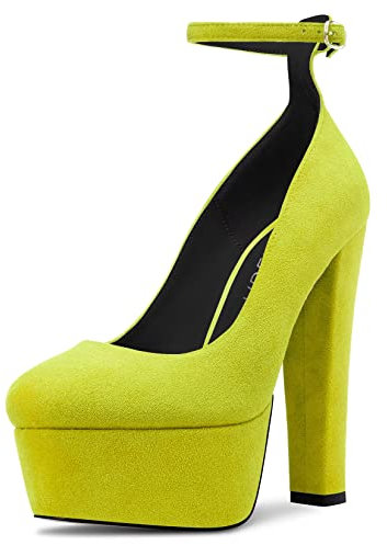 HDEUOLM Mujer Chunky Ancho Alto High Plataforma Heel Redonda Punta Pumps Correa Tobillo de Boda Dress Zapatos Verde Lima 42 EU