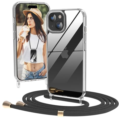 Nupcknn Transparente Coque avec Cordon pour iPhone 15 Plus, Anti-Jaunissement Coque Antichoc Housse Collier Réglable Téléphone Étui Portable Lanyard Case Protection Complète Cover(6.7,Noir)